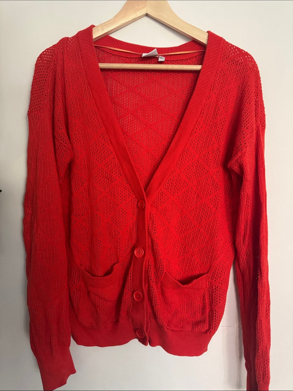 Bright Orange Open-Knit V-Neck Button Cardigan